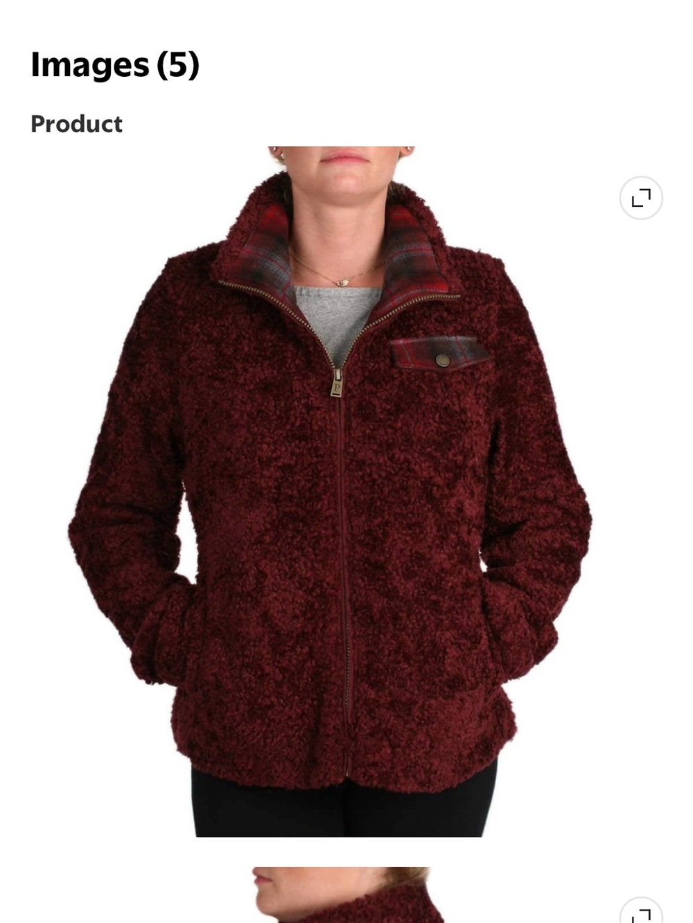 Pendleton Unisex Burgundy Plush Sherpa Zip Jacket with Plaid Trim